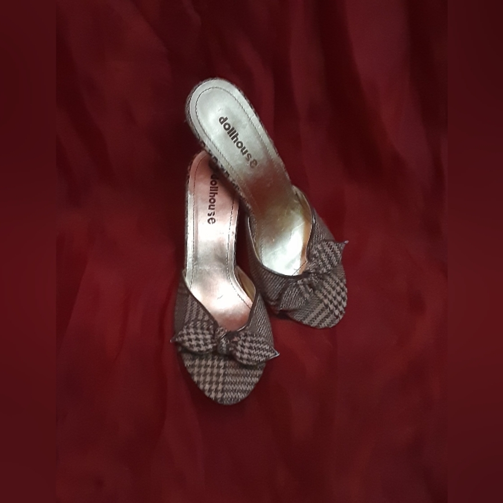 Two-Tone Brown Plaid Houndstooth Wool Tweed Slip-On Heels Womens Shoes Size 8